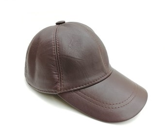 Leather baseball hat dark-brown color, winter leather jockey, genuie Sheep leather baseball cap, adjustable leather jockey,Nappa leather hat