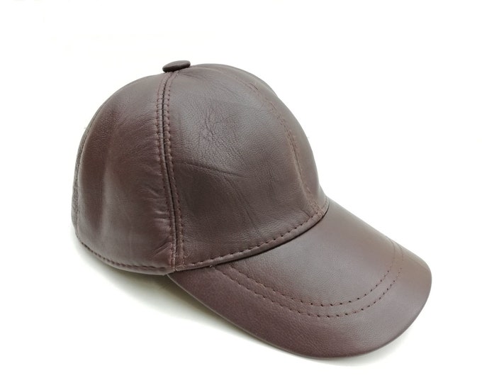 Leather baseball hat dark-brown color, winter leather jockey, genuie Sheep leather baseball cap, adjustable leather jockey,Nappa leather hat