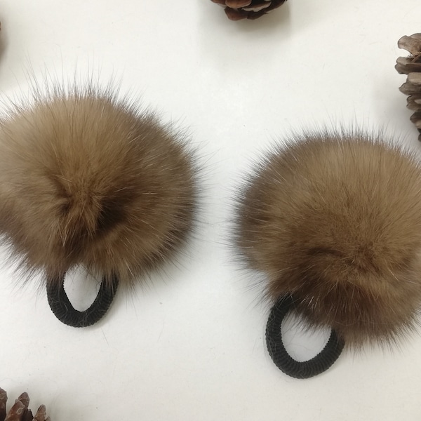 Set of 2 real sable fur scrunchies , fur accessories ,pony tail holder , real fur hair elastics , fur Pompom hairband , Sable for wristband