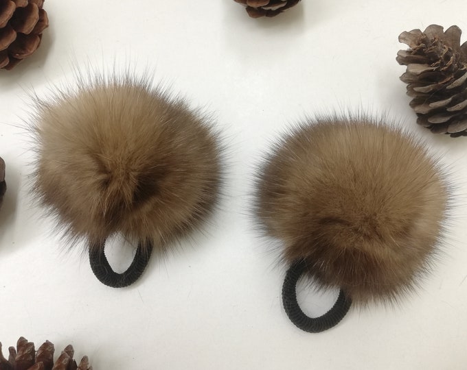 Set of 2 real sable fur scrunchies , fur accessories ,pony tail holder , real fur hair elastics , fur Pompom hairband , Sable for wristband