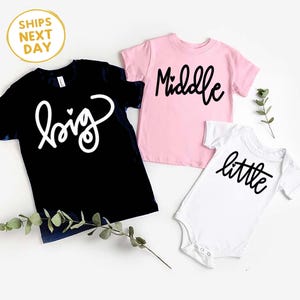Big Middle Little Sibling Shirts – Third Child Pregnancy Announcement – Baby Reveal Outfit for Kids