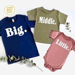 Pregnancy Reveal T-Shirts for Siblings – Big Middle Little Set – Big Brother Sister, Middle Child, Little Sibling Shirts