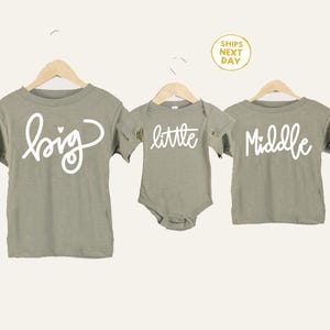 Big Little Matching Shirts – Third Baby Announcement – Sibling Pregnancy Reveal Tees for Family