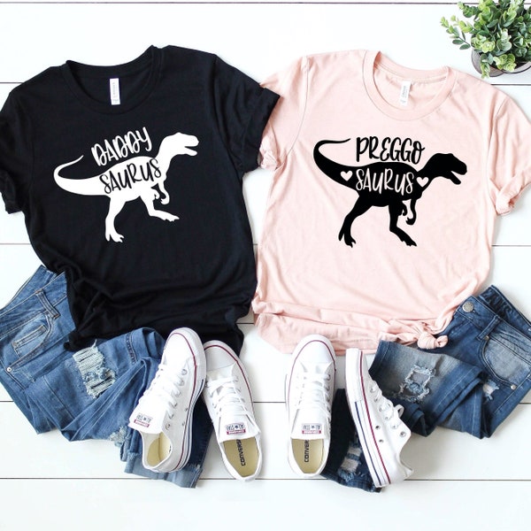 His and Hers Preggosaurus Pregnancy Baby Announcement Couples Shirt Cool Dinosaur Shirt Womens Gift for Couples