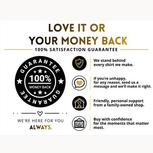 May include: A white graphic with black and gold text reading LOVE IT OR YOUR MONEY BACK and 100% SATISFACTION GUARANTEE. A black circular badge displays 100% MONEY BACK. Four icons represent support, including a shield, heart, house, and family portrait.