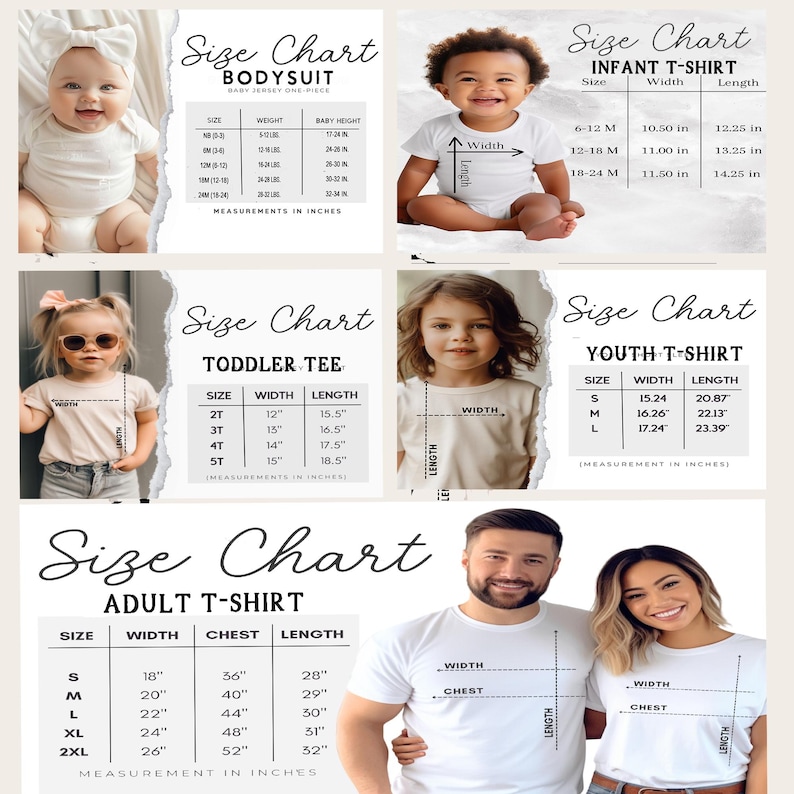 May include: A composite image featuring size charts for baby bodysuits, infant, toddler, youth, and adult t-shirts. The charts include measurements in inches for width, chest, and length, with models wearing the apparel.