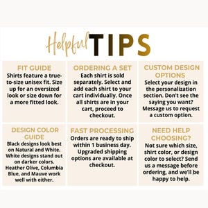 May include: An informational graphic titled Helpful TIPS with six sections: Fit Guide, Ordering a Set, Custom Design Options, Design Color Guide, Fast Processing, and Need Help Choosing. The text provides instructions on shirt sizing, ordering, customization, color combinations, processing times, and customer support contact.