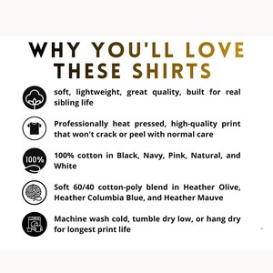 May include: An informational graphic titled WHY YOU'LL LOVE THESE SHIRTS. It lists features including soft, lightweight fabric, heat-pressed prints, 100% cotton options in Black, Navy, Pink, Natural, White, and a 60/40 cotton-poly blend in Heather colors.