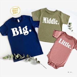 Pregnancy Reveal Announcement Sibling T-shirts, Big. Middle. Little. Third pregnancy announcement!