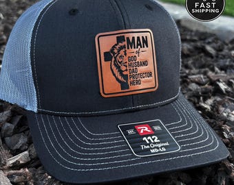 Man of God Hat | Engraved “Husband Dad Protector Hero” with Cross and Lion Design | Christian Faith Hat