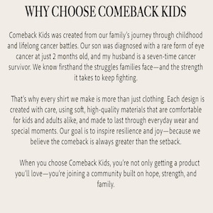 Puede incluir: Texto sobre un fondo crema que dice: "POR QU&Eacute; ELEGIR COMEBACK KIDS". El texto describe el origen de la marca, su misi&oacute;n de inspirar resiliencia y la calidad de su ropa para ni&ntilde;os y adultos.