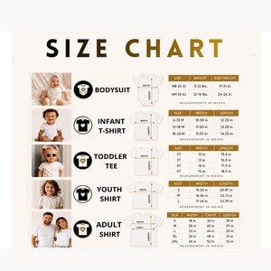 May include: A size chart for apparel featuring five rows of clothing types: bodysuit, infant t-shirt, toddler tee, youth shirt, and adult shirt. Each row includes a photo, a garment icon with width and length arrows, and a table with measurements in inches.