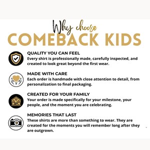 May include: An informational graphic titled Why choose COMEBACK KIDS in gold and black text. It lists four points: QUALITY YOU CAN FEEL, MADE WITH CARE, CREATED FOR YOUR FAMILY, and MEMORIES THAT LAST, each accompanied by a circular icon.