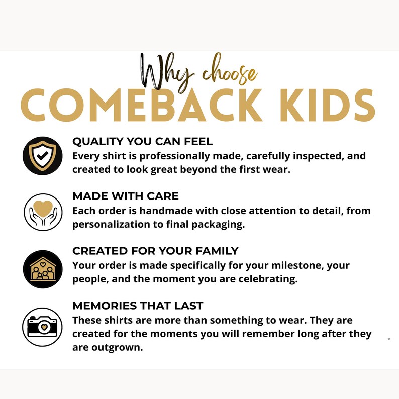 May include: An informational graphic titled Why choose COMEBACK KIDS in gold and black text. It lists four points: QUALITY YOU CAN FEEL, MADE WITH CARE, CREATED FOR YOUR FAMILY, and MEMORIES THAT LAST, each accompanied by a circular icon.