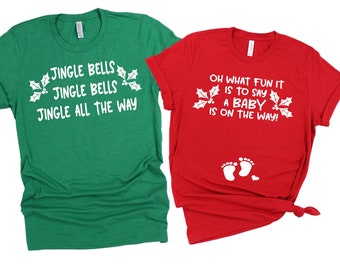 Couples Christmas Pregnancy Announcement Shirts - Jingle Bells Baby On The Way Tshirts - Baby Reveal Holiday Winter - Mom And Dad To Be