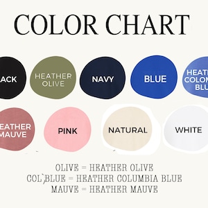 Puede incluir: Una carta de colores muestra muestras de tela en varios tonos. La carta incluye negro, verde oliva jaspeado, azul marino, azul, azul Columbia jaspeado, malva jaspeado, rosa, natural y blanco. El texto aclara los nombres de los colores.