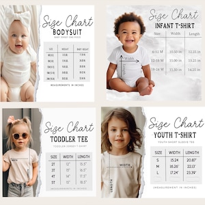 Puede incluir: Imagen compuesta que presenta tablas de tallas para ropa de beb&eacute; y juvenil. Las tablas muestran medidas en pulgadas para bodies, camisetas de beb&eacute;, camisetas de ni&ntilde;o peque&ntilde;o y camisetas juveniles. Cada tabla va acompa&ntilde;ada de una foto de un ni&ntilde;o que lleva la prenda correspondiente.