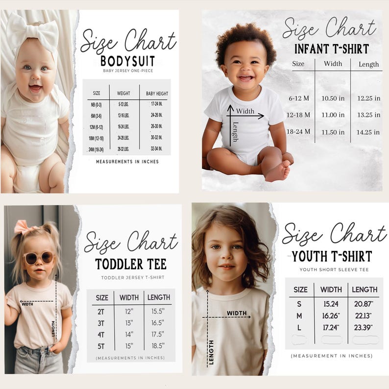 Puede incluir: Imagen compuesta que presenta tablas de tallas para ropa de beb&eacute; y juvenil. Las tablas muestran medidas en pulgadas para bodies, camisetas de beb&eacute;, camisetas de ni&ntilde;o peque&ntilde;o y camisetas juveniles. Cada tabla va acompa&ntilde;ada de una foto de un ni&ntilde;o que lleva la prenda correspondiente.