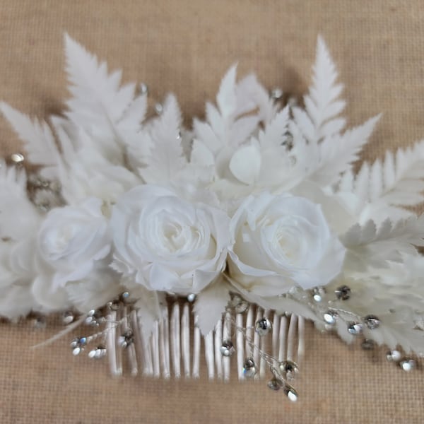 Preserved Roses Hair Comb, Classic Wedding, Dried Floral Comb, Clip, Corsage, Prom, White Ferns, Summer, Size 8 x 4,