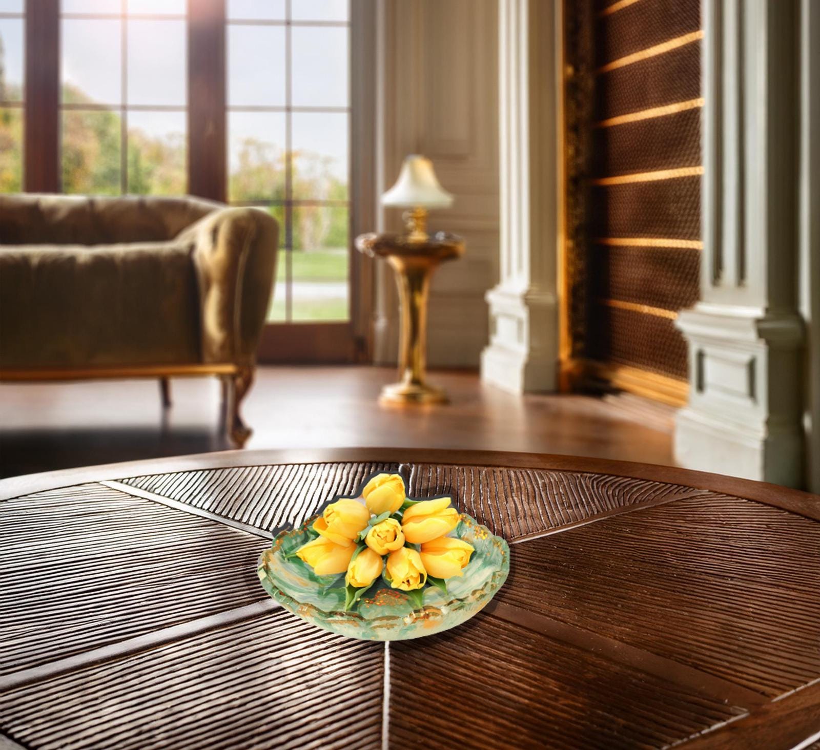 Floral Patterned Resin Bowl-Enchanting Resin Accent Dish-Decorative Centerpiece-Green & Peach with Gold Glitter Accent-Flower Pattern Tray - Thumbnail 7