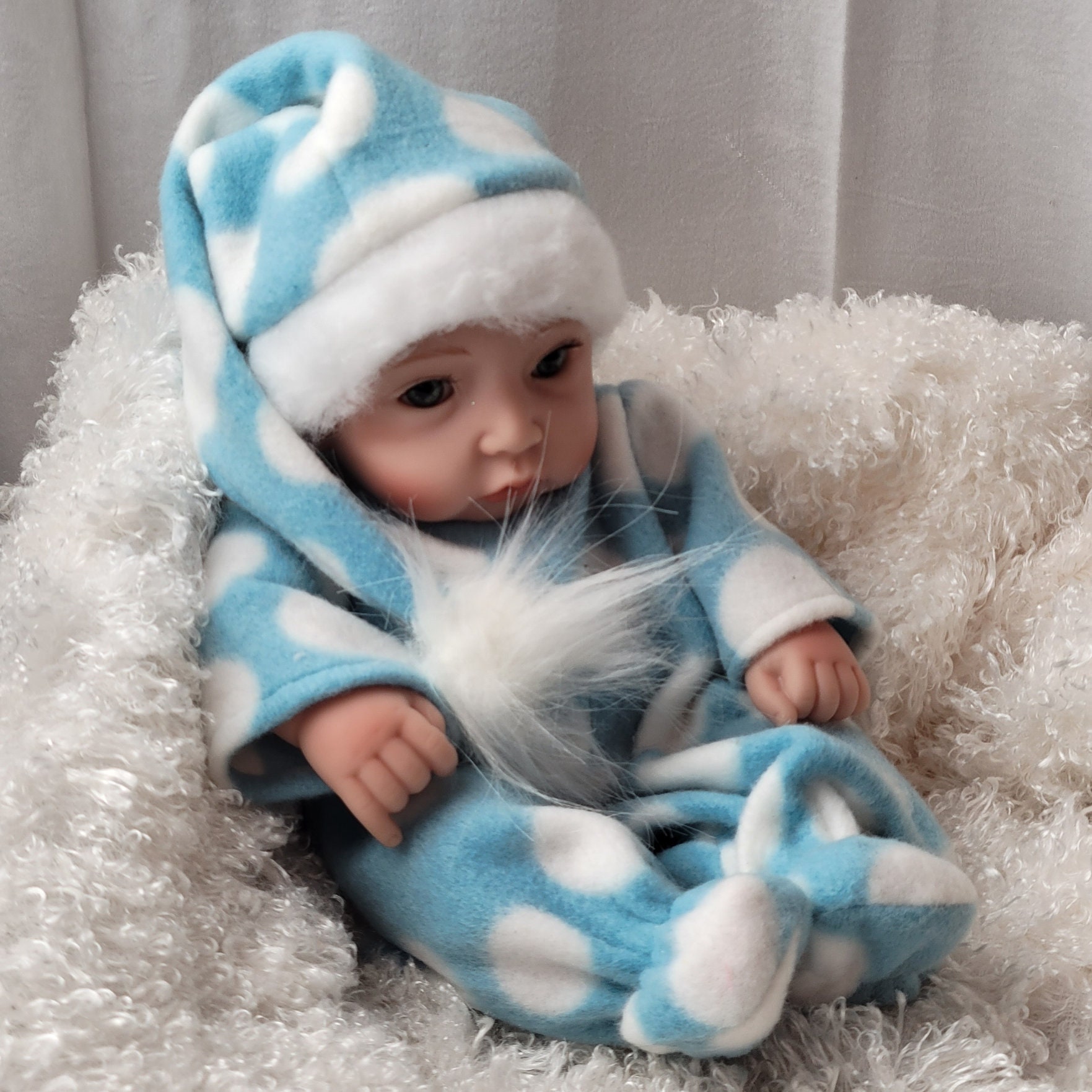 Custom Footed Pajamas for 10in Doll-Doll Blue White Cloud Pajamas with Pixie Nightcap-Bedtime Clothes for 10 inch Doll-Doll Nap Pajamas - Thumbnail 3