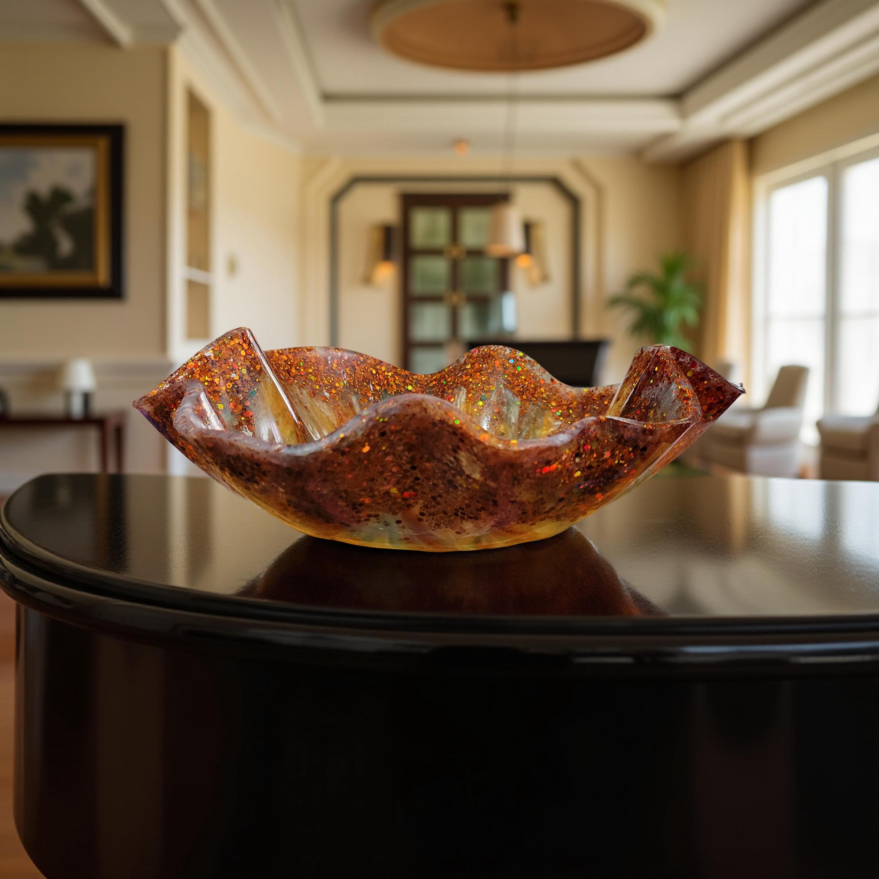 Floral Patterned Resin Bowl-11 inch-Enchanting Resin Accent Dish-Decorative Centerpiece-Green/Orange with Copper Glitter Accent-Flower Tray - Thumbnail 7