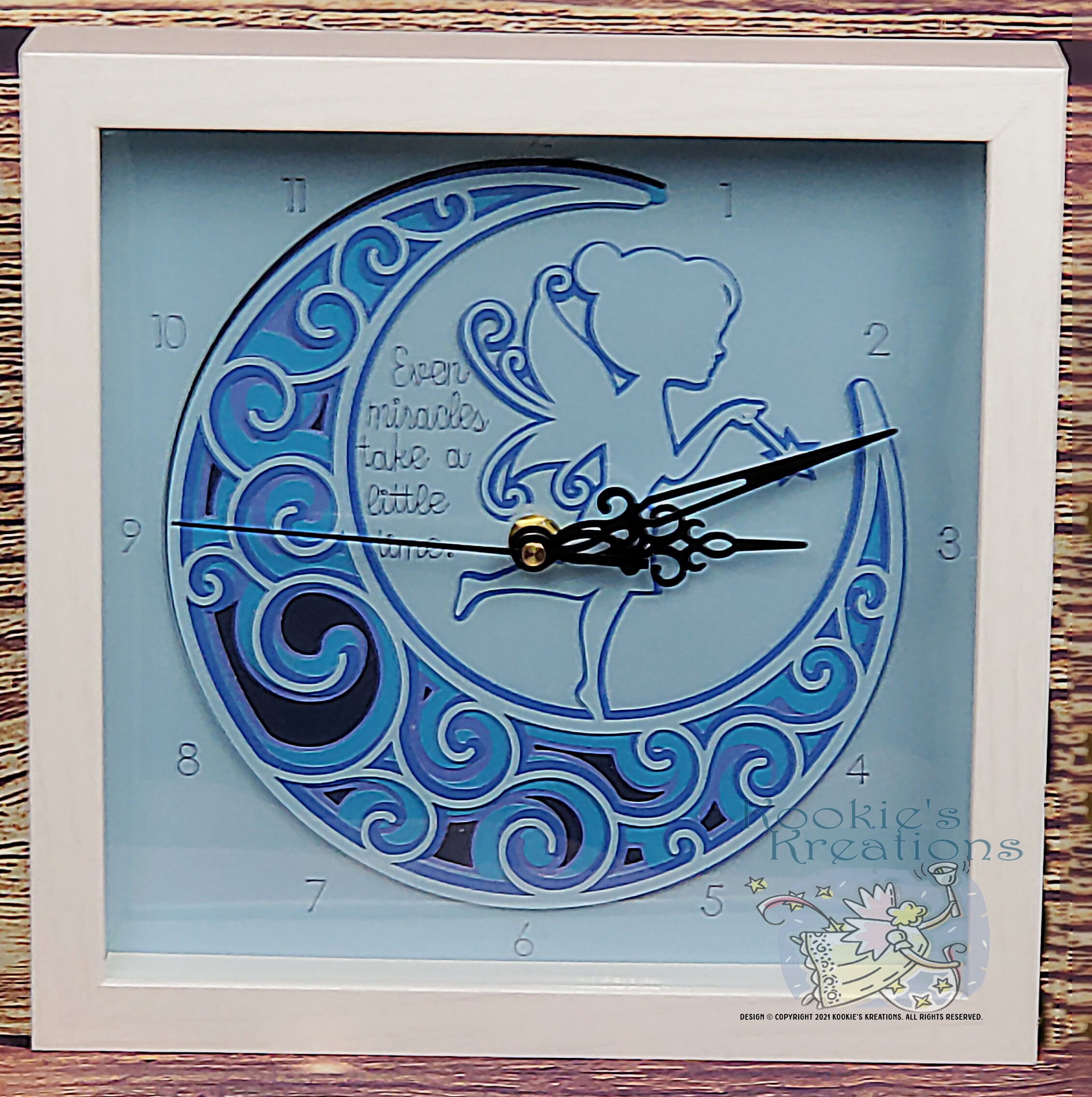 Nursery Clock - Fairy on the Moon-Heart in Hand-Shades of Blue-Baby-Infant-Home Decor-Wall Decor-Wall Clock-Nursery Decor-Fairy Decor - Thumbnail 4