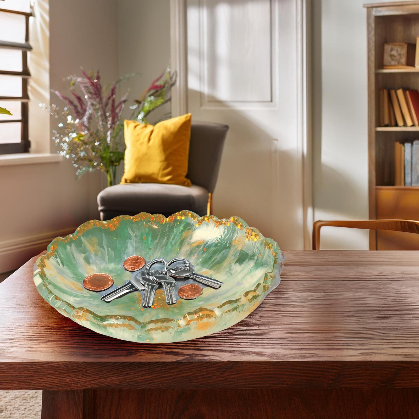 Floral Patterned Resin Bowl-Enchanting Resin Accent Dish-Decorative Centerpiece-Green & Peach with Gold Glitter Accent-Flower Pattern Tray - Thumbnail 5