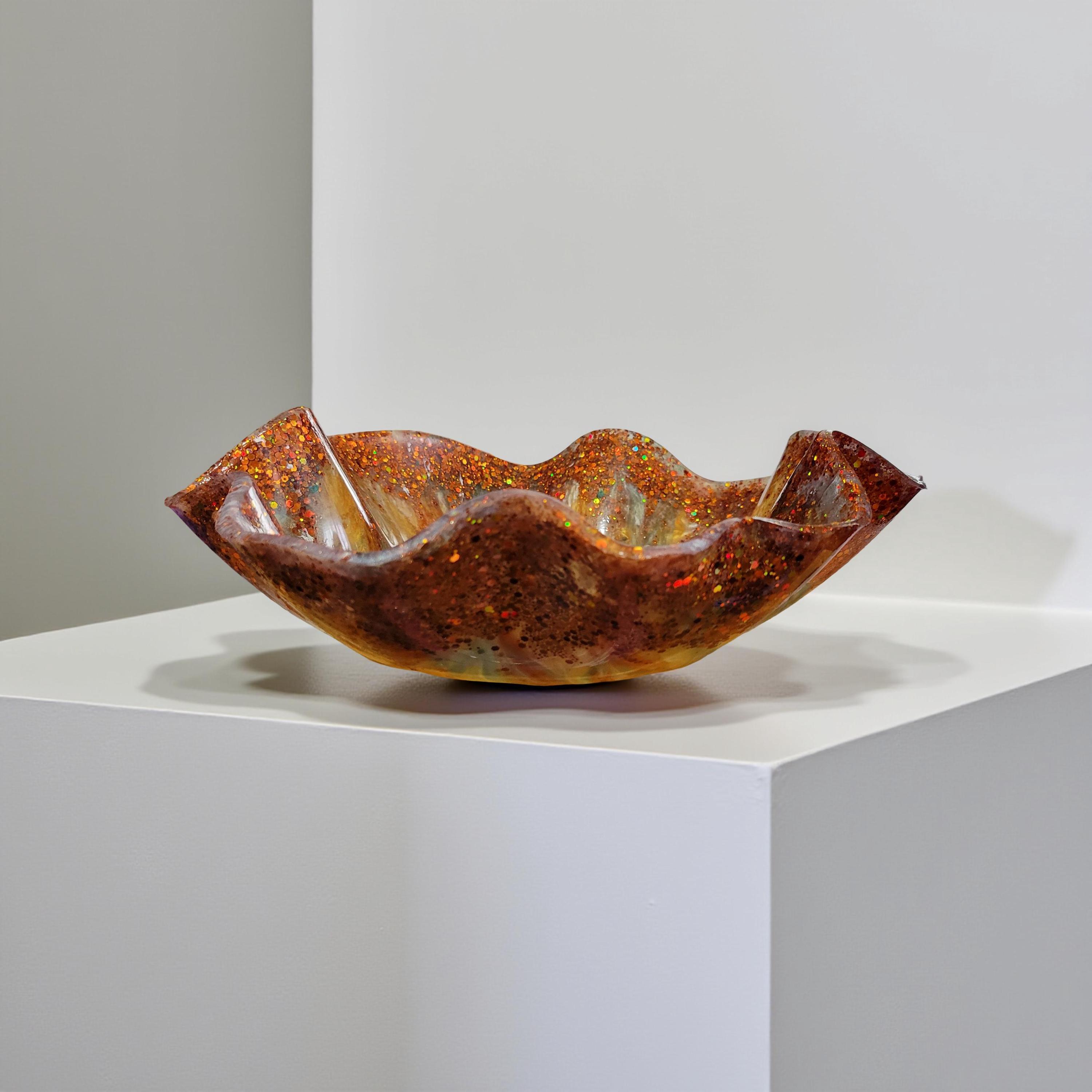 Floral Patterned Resin Bowl-11 inch-Enchanting Resin Accent Dish-Decorative Centerpiece-Green/Orange with Copper Glitter Accent-Flower Tray - Thumbnail 2