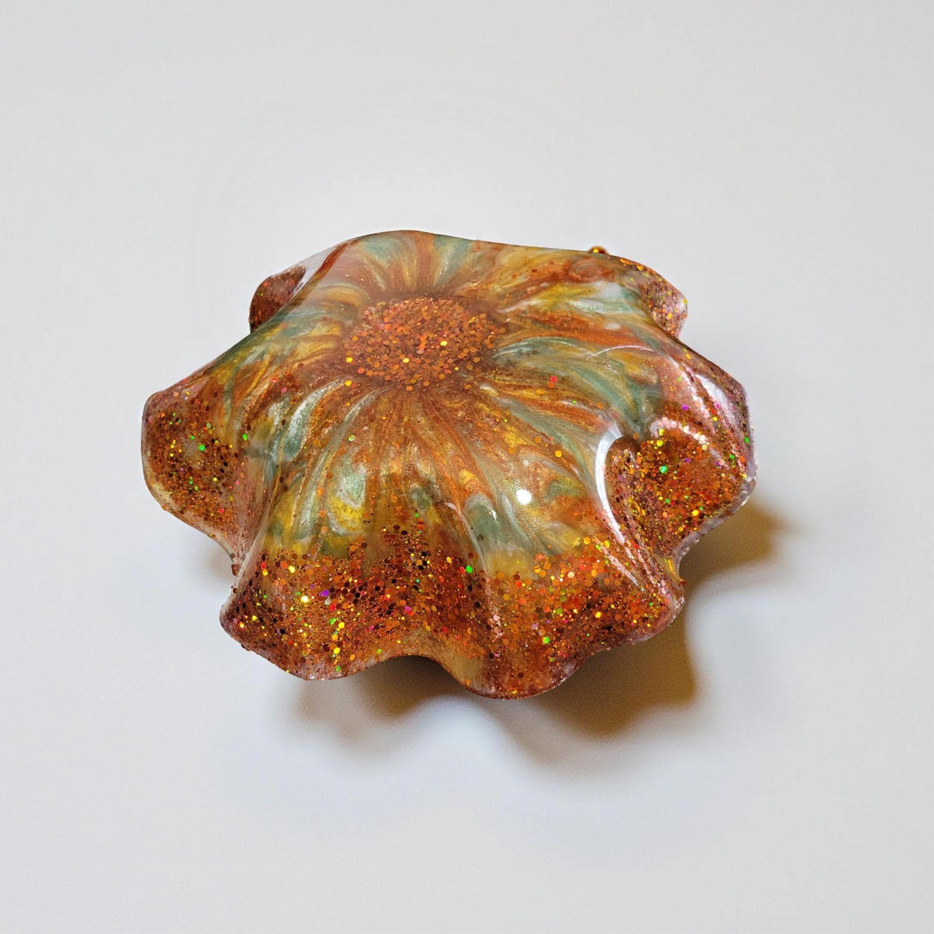 Floral Patterned Resin Bowl-11 inch-Enchanting Resin Accent Dish-Decorative Centerpiece-Green/Orange with Copper Glitter Accent-Flower Tray - Thumbnail 6