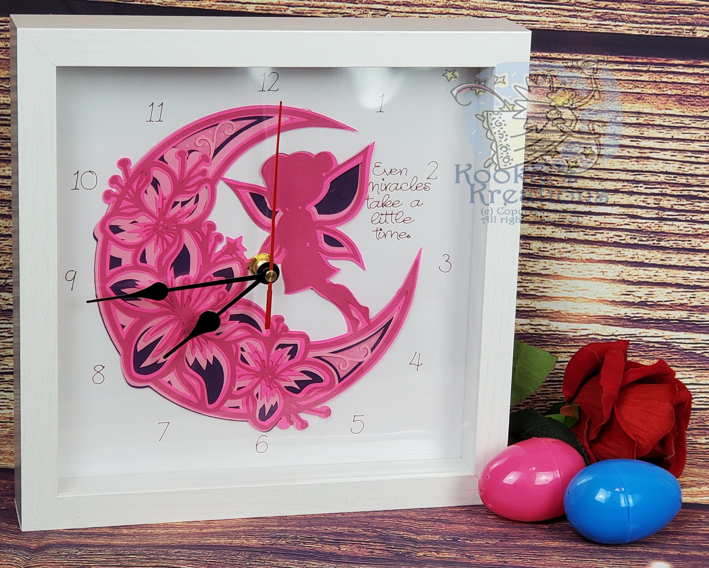 Nursery Clock-Fairy on the Moon-Miracles Take Time-Pink & Purple Wall Clock-Baby Infant Home Decor-Wall Decor-Child Decor-Kids Framed Clock-