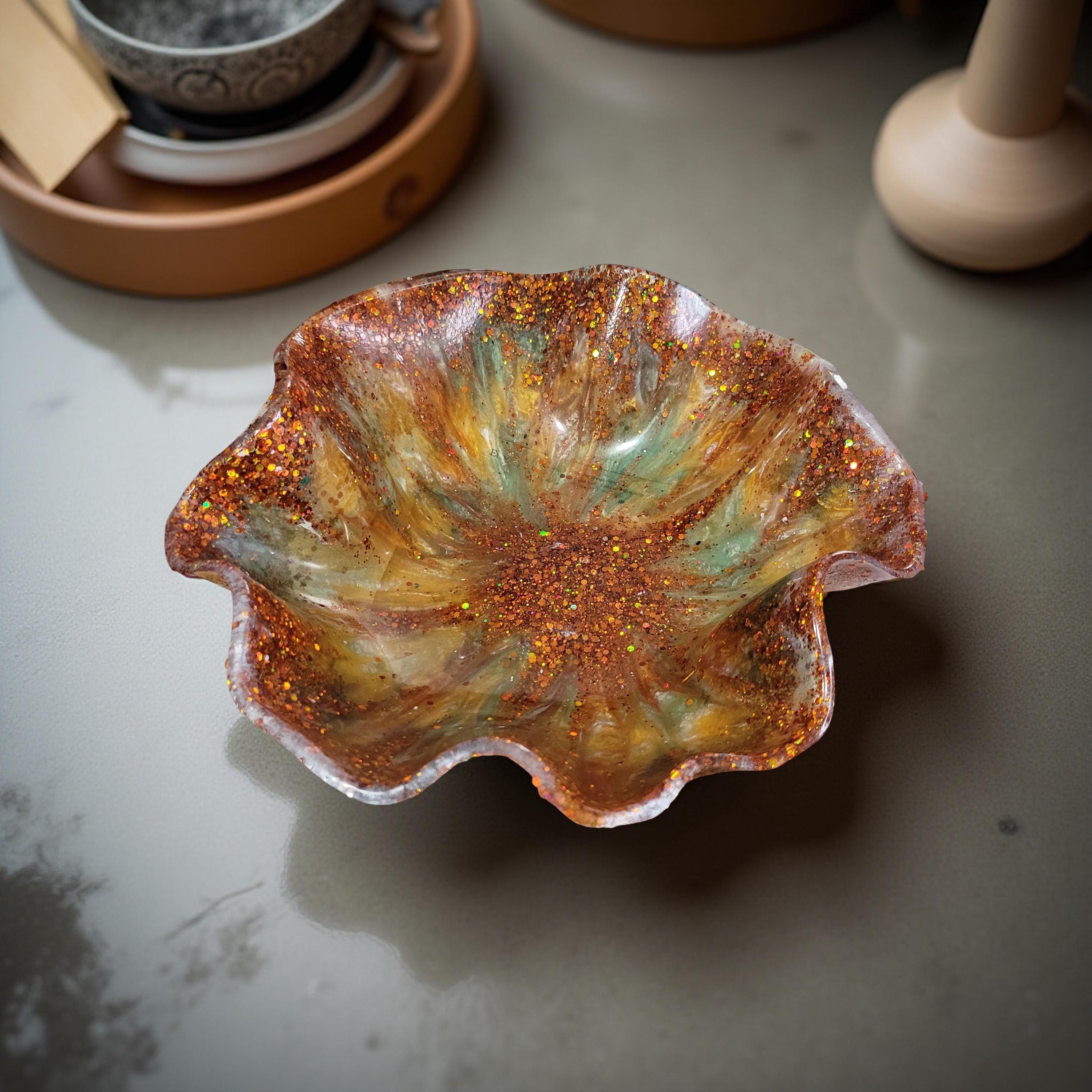 Floral Patterned Resin Bowl-11 inch-Enchanting Resin Accent Dish-Decorative Centerpiece-Green/Orange with Copper Glitter Accent-Flower Tray