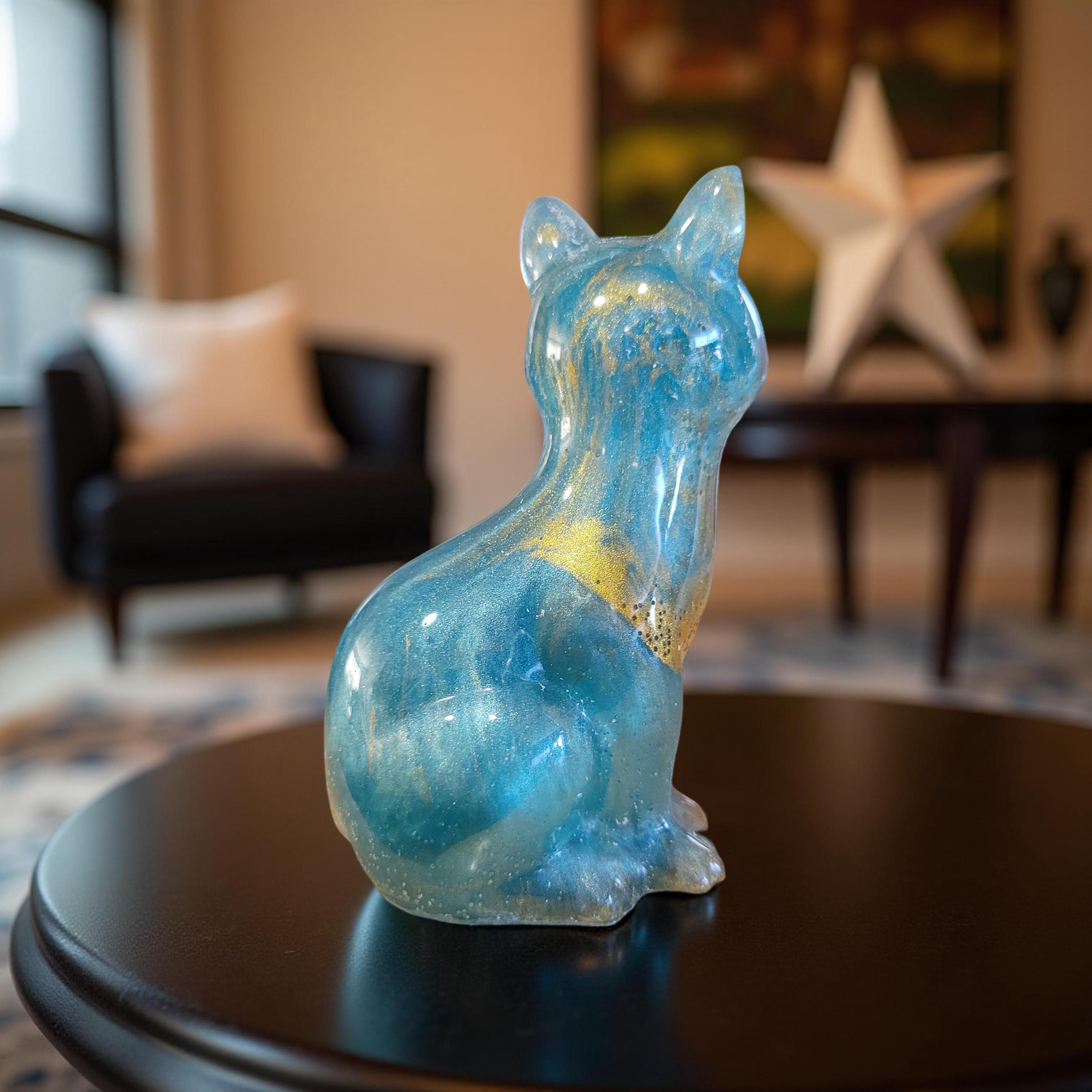 Graceful Sitting Cat Figurine-Cat Statue-Resin Sitting Cat-White Sitting Cat-Teal Gold Resin Cat Statuette-Resin Ivory White Cat Figurine - Thumbnail 6