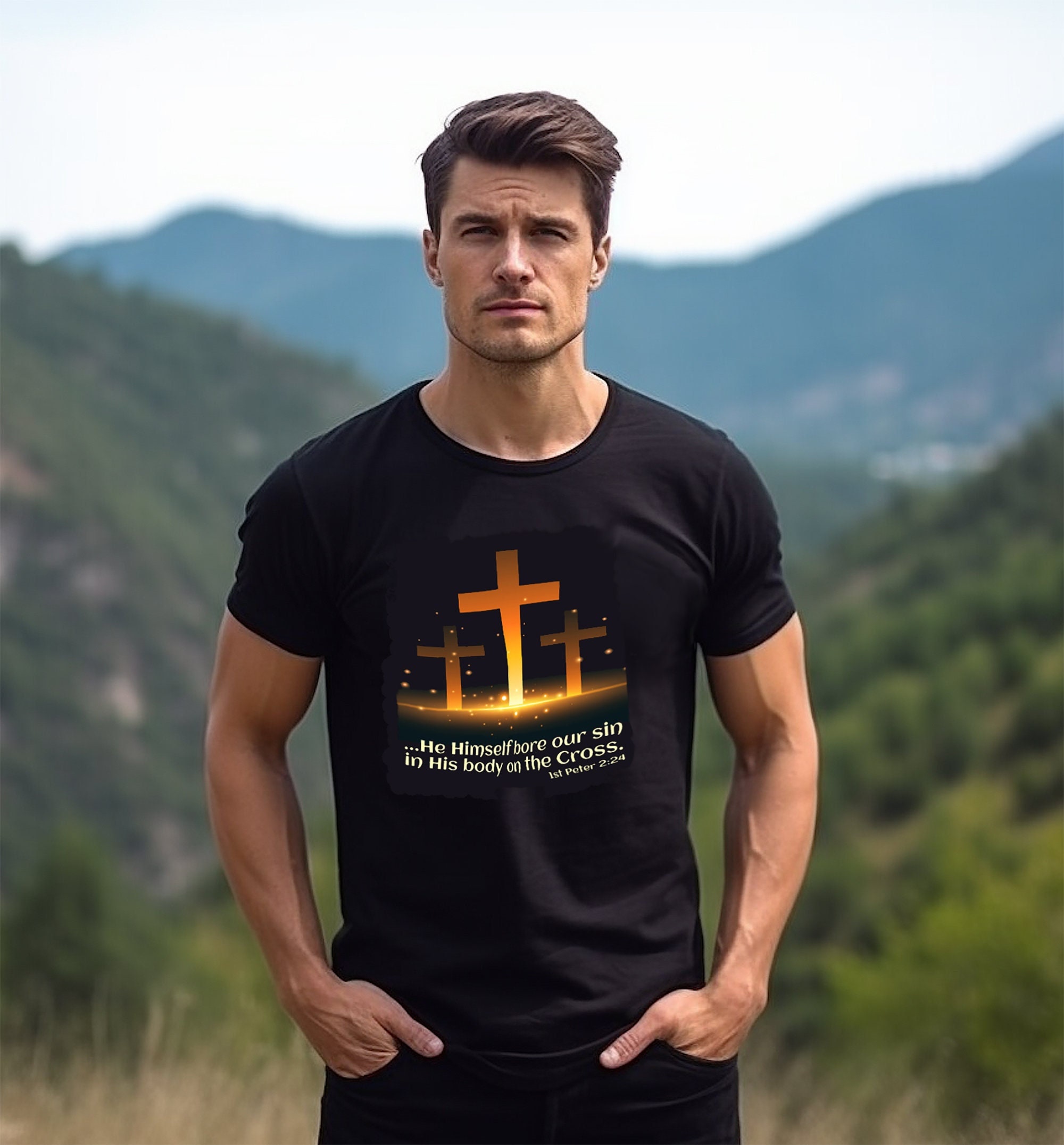 He Bore Our Sins T-Shirt Unisex Christian-Christ Died For Us-He Bore Our Sins-Peter 2:24- Statement Christian Tee - Thumbnail 5