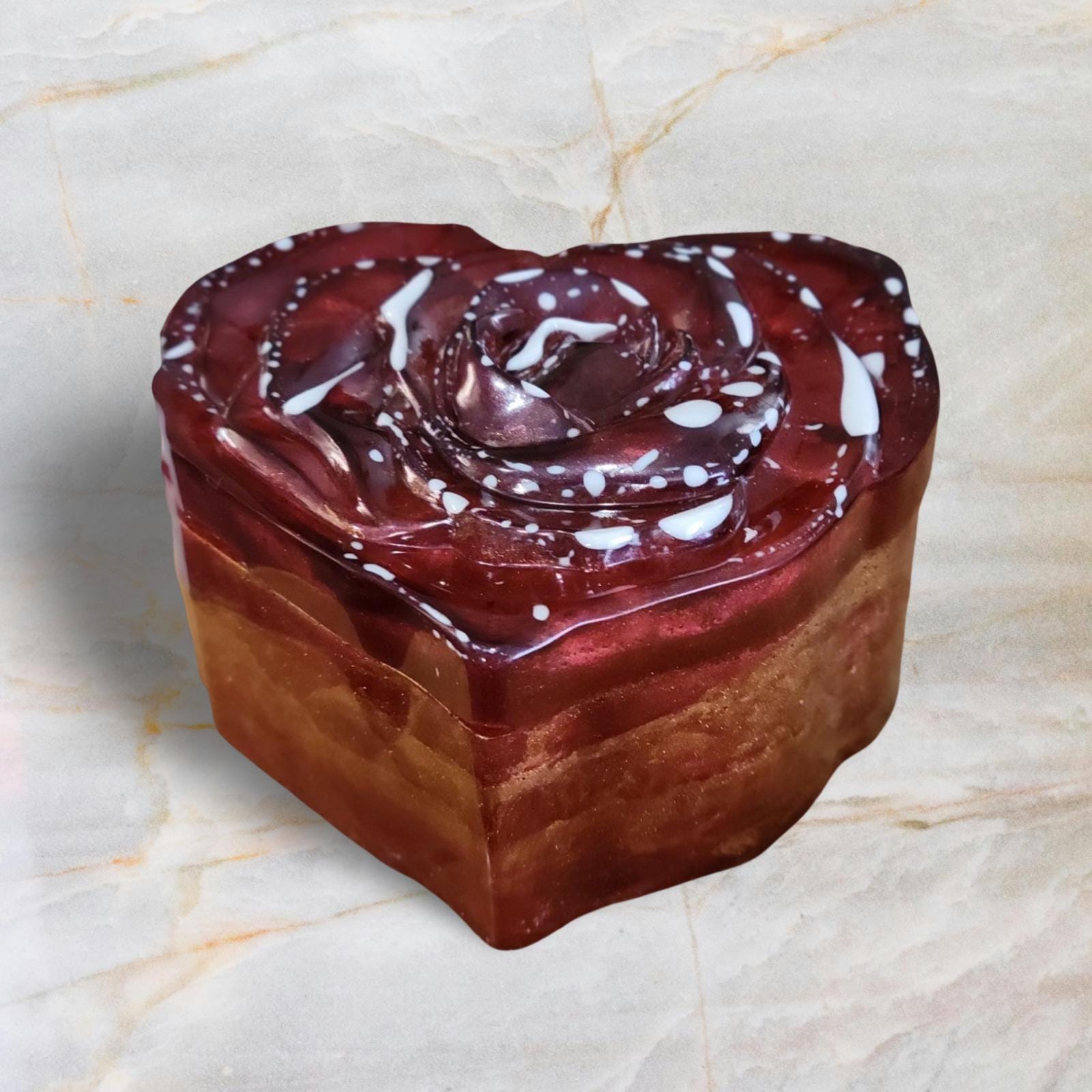 Romantic Red & Gold Resin Heart Trinket Box with Rose Lid-Sturdy Keepsake or Jewelry Holder-3.75'' x 3.5'' x 2"-Sweetheart Gift