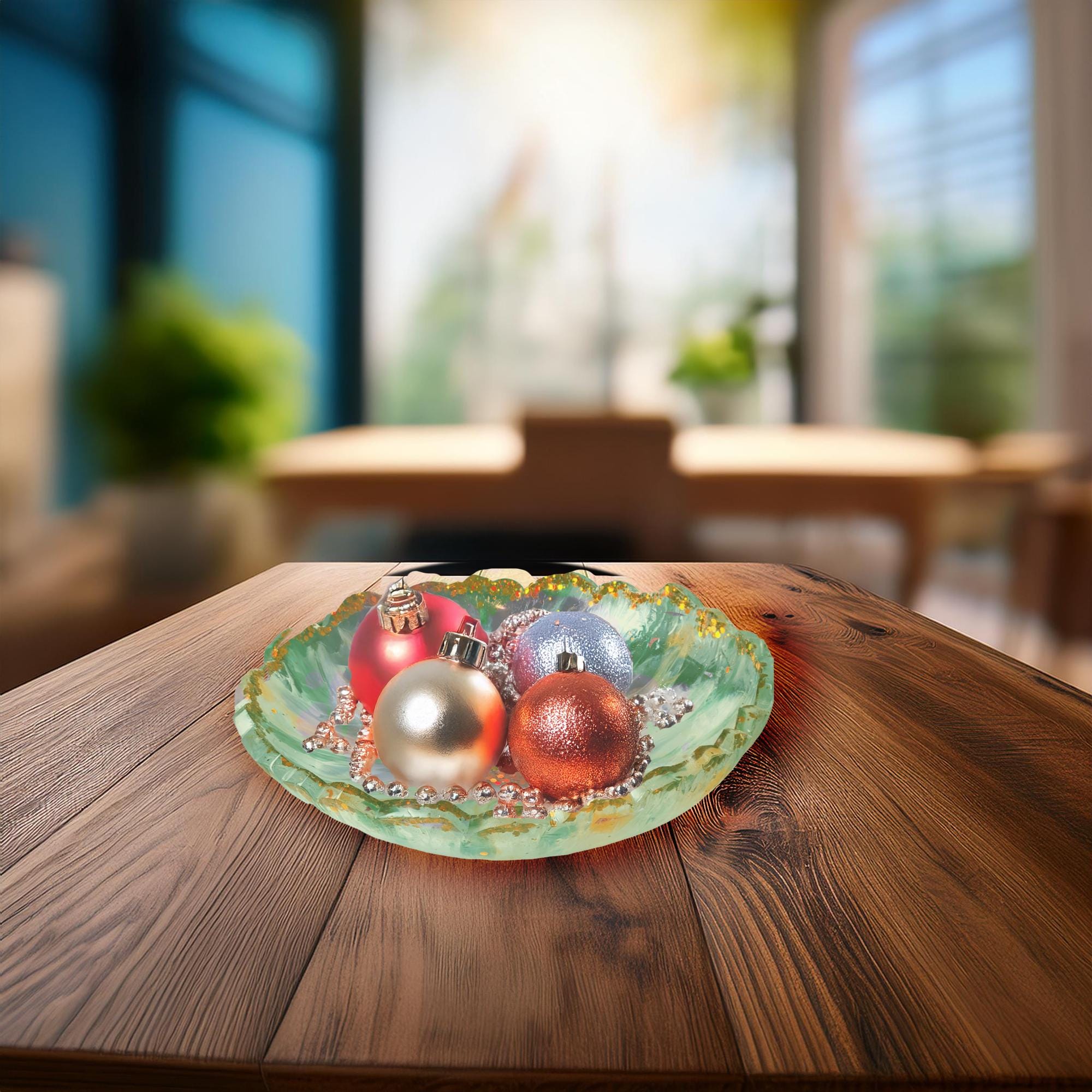 Floral Patterned Resin Bowl-Enchanting Resin Accent Dish-Decorative Centerpiece-Green & Peach with Gold Glitter Accent-Flower Pattern Tray - Thumbnail 6