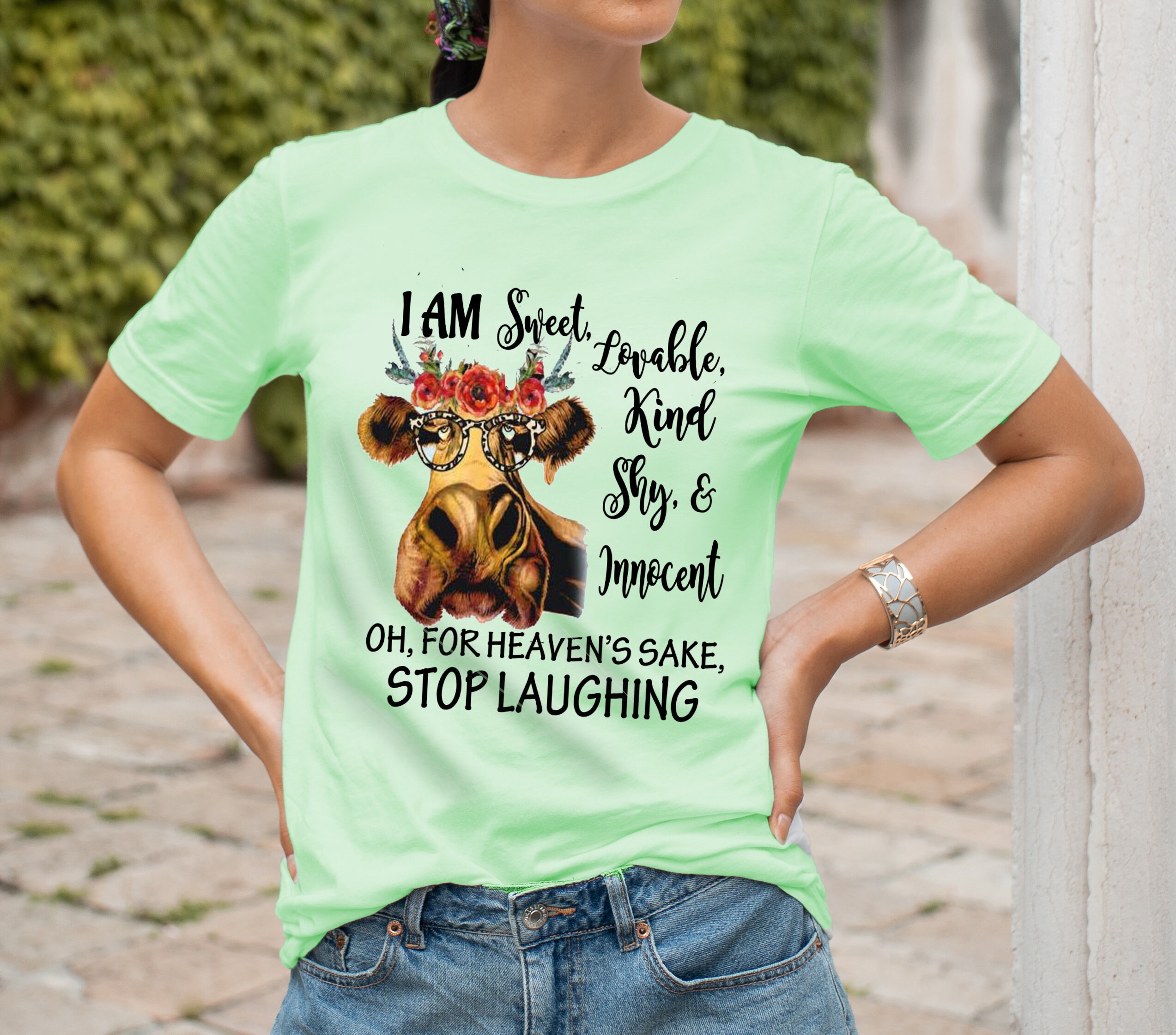 Custom T-Shirt - For Heaven's Sake Stop Laughing Women's Sweet Lovable Kind Shy & Innocent Heifer Cow Glasses - Thumbnail 7