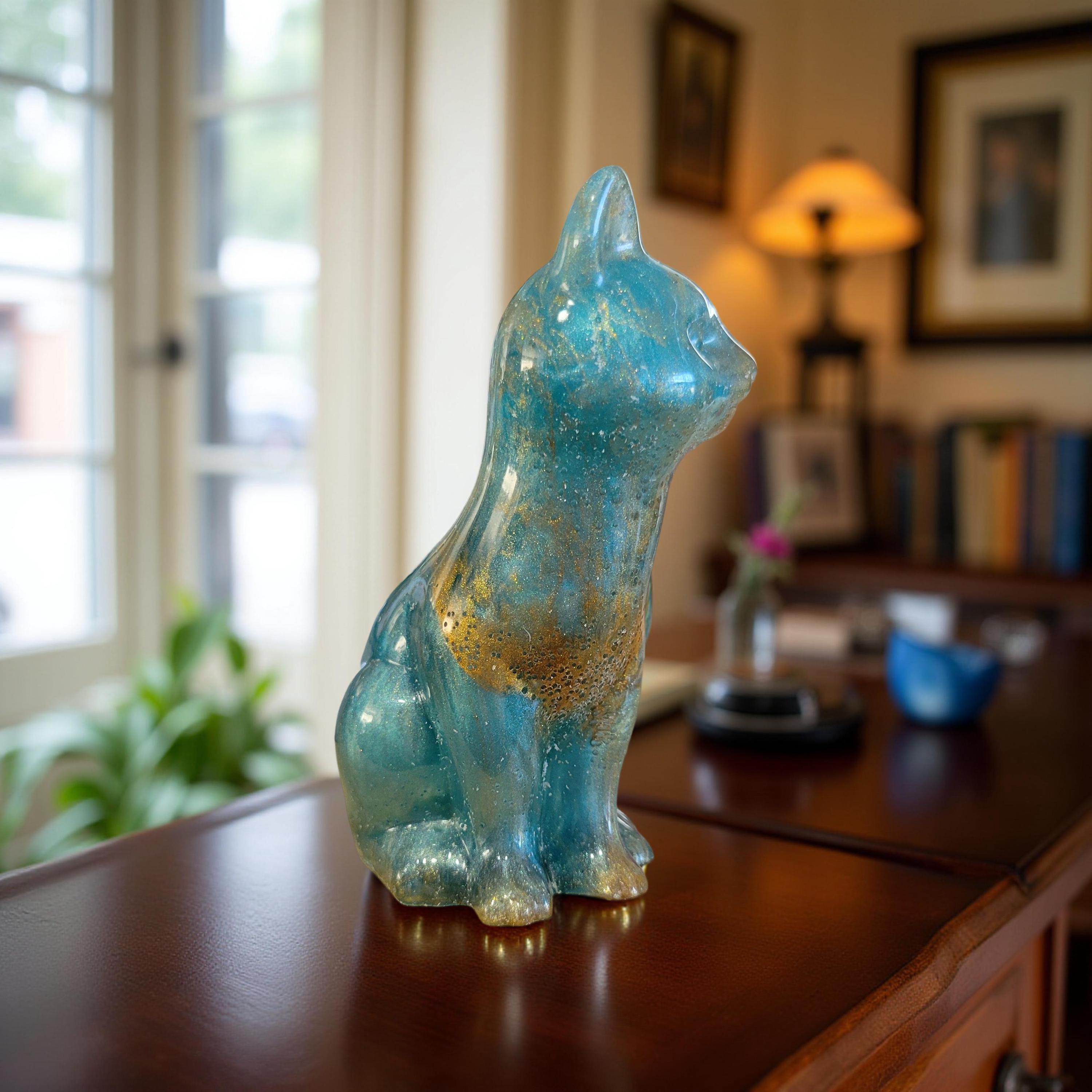 Graceful Sitting Cat Figurine-Cat Statue-Resin Sitting Cat-White Sitting Cat-Teal Gold Resin Cat Statuette-Resin Ivory White Cat Figurine - Thumbnail 3