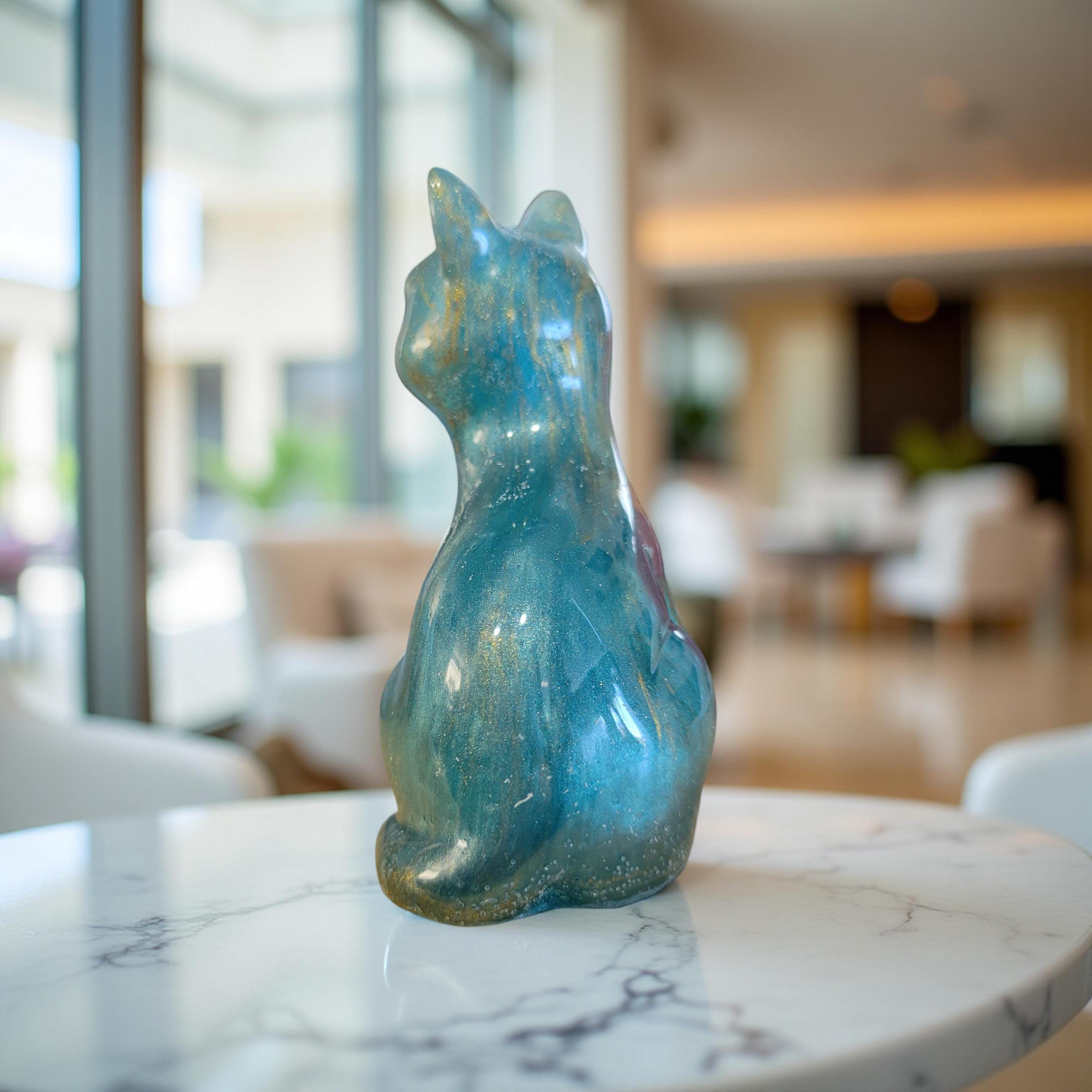 Graceful Sitting Cat Figurine-Cat Statue-Resin Sitting Cat-White Sitting Cat-Teal Gold Resin Cat Statuette-Resin Ivory White Cat Figurine - Thumbnail 5