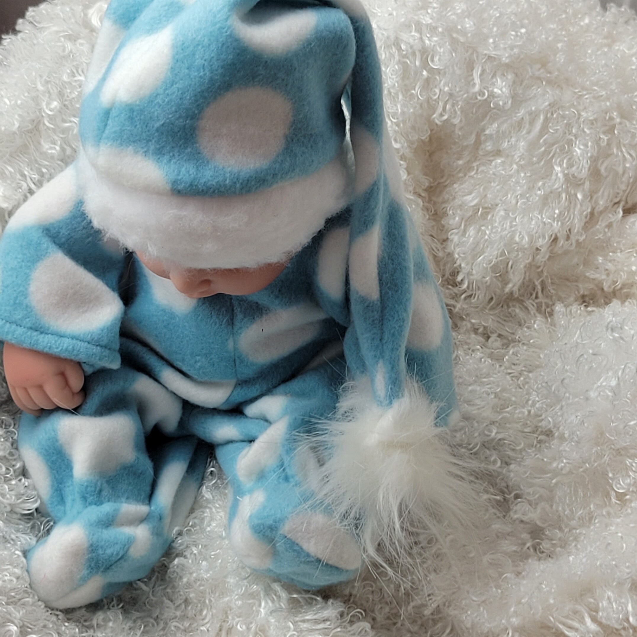Custom Footed Pajamas for 10in Doll-Doll Blue White Cloud Pajamas with Pixie Nightcap-Bedtime Clothes for 10 inch Doll-Doll Nap Pajamas - Thumbnail 4