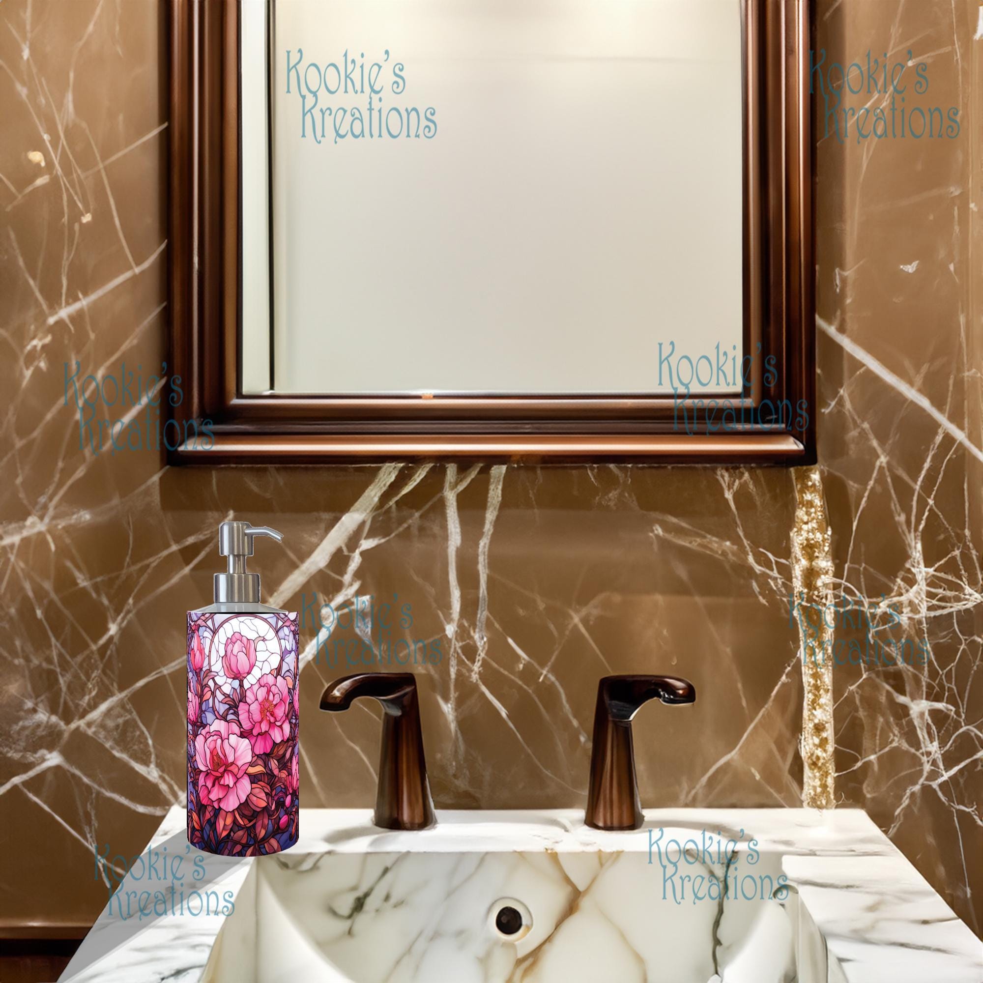 Soap or Lotion Pump Dispenser White Enamel Stainless Steel Sublimated Stained Glass Floral Abstract Art Sea Life Animals Custom Your Design