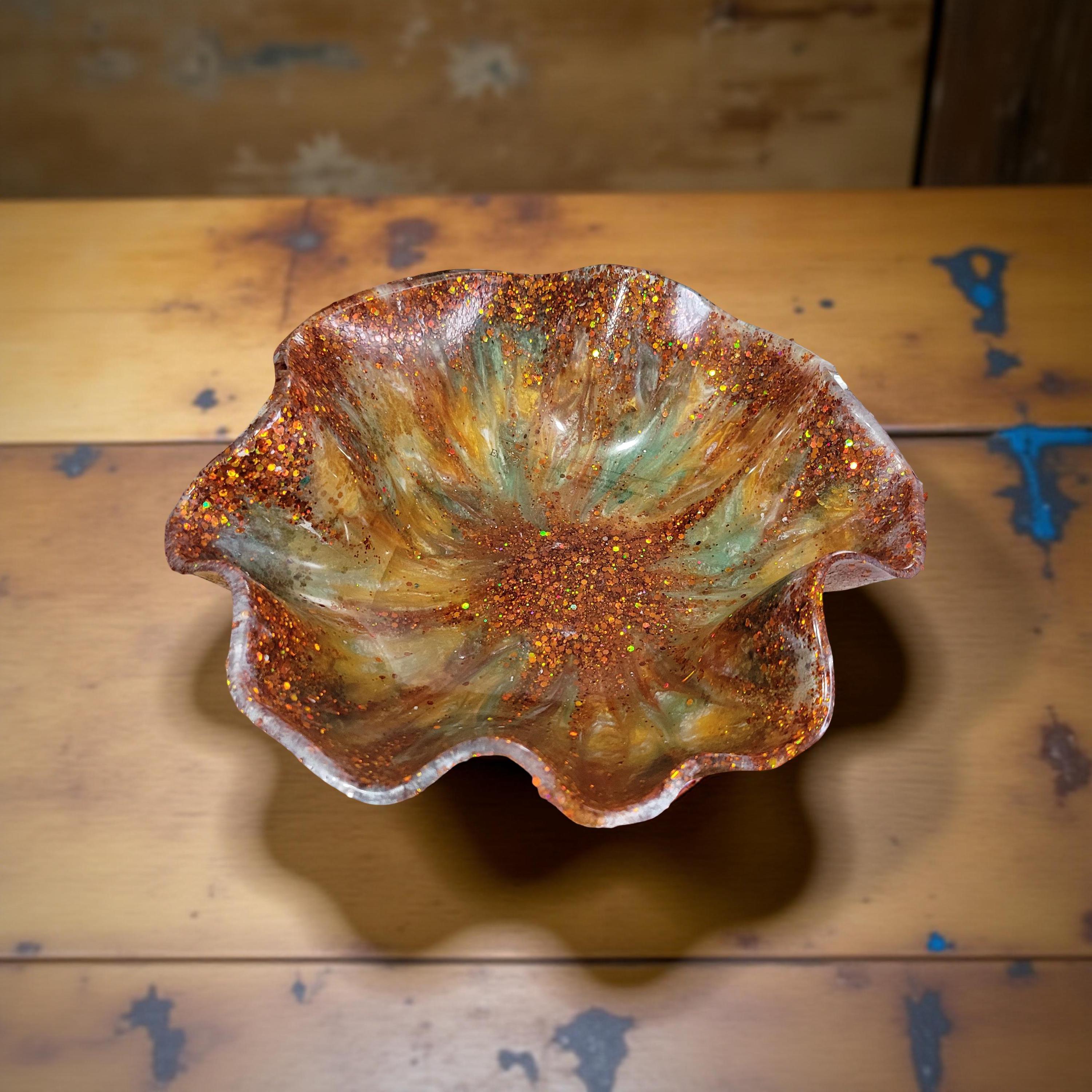 Floral Patterned Resin Bowl-11 inch-Enchanting Resin Accent Dish-Decorative Centerpiece-Green/Orange with Copper Glitter Accent-Flower Tray - Thumbnail 5