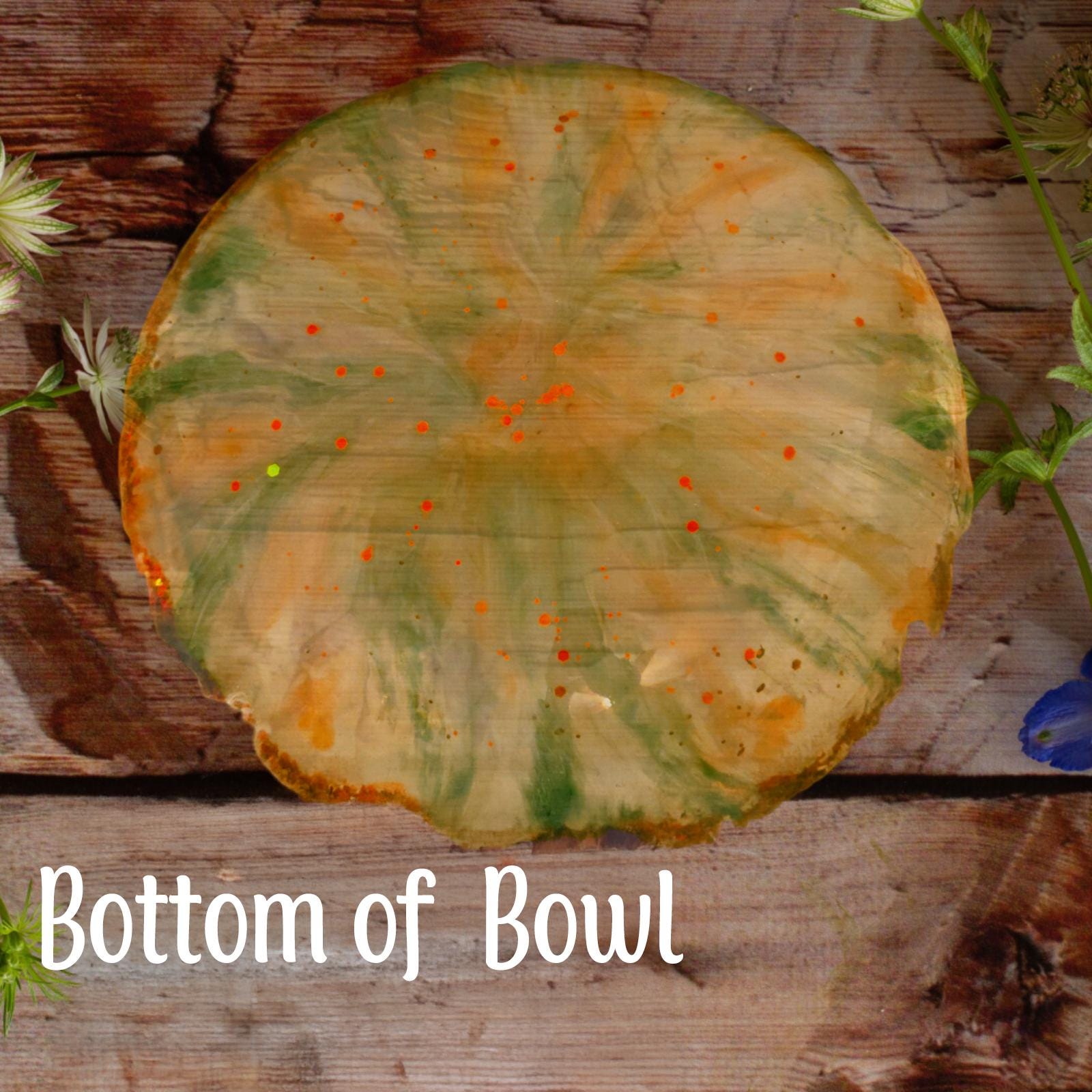 Floral Patterned Resin Bowl-Enchanting Resin Accent Dish-Decorative Centerpiece-Green & Peach with Gold Glitter Accent-Flower Pattern Tray - Thumbnail 3