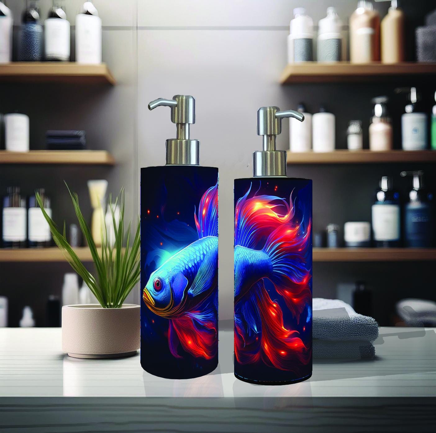 Soap or Lotion Pump Dispenser White Enamel Stainless Steel Sublimated Stained Glass Floral Abstract Art Sea Life Animals Custom Your Design - Thumbnail 3