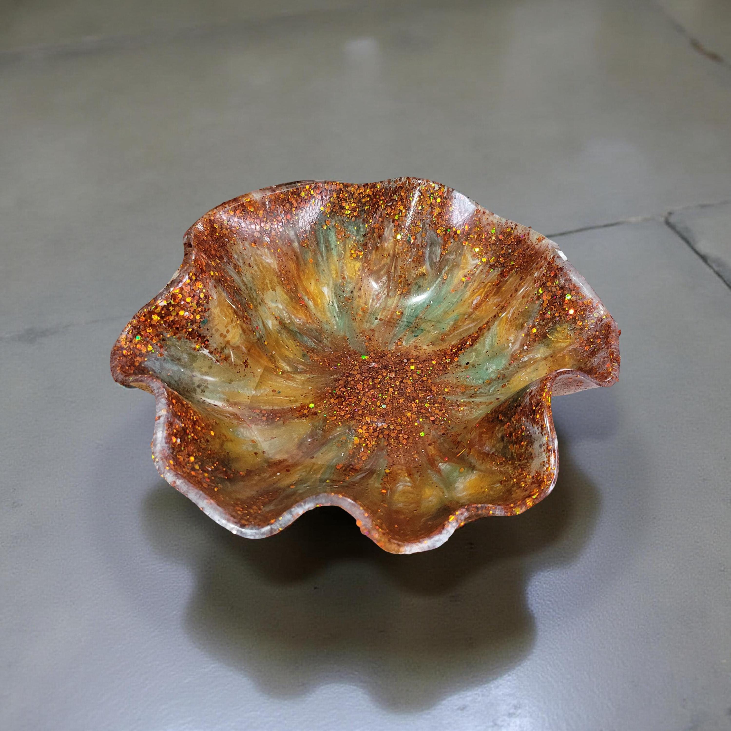 Floral Patterned Resin Bowl-11 inch-Enchanting Resin Accent Dish-Decorative Centerpiece-Green/Orange with Copper Glitter Accent-Flower Tray - Thumbnail 3