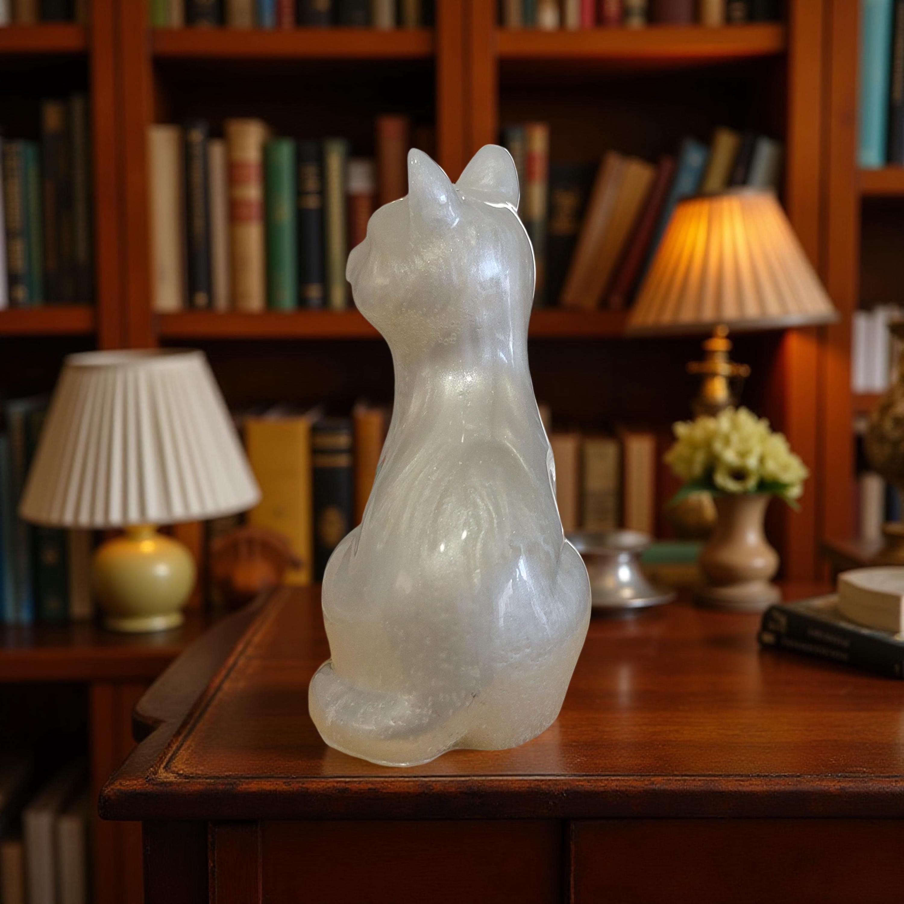 Graceful Sitting Cat Figurine-Cat Statue-Resin Sitting Cat-White Sitting Cat-Teal Gold Resin Cat Statuette-Resin Ivory White Cat Figurine - Thumbnail 7