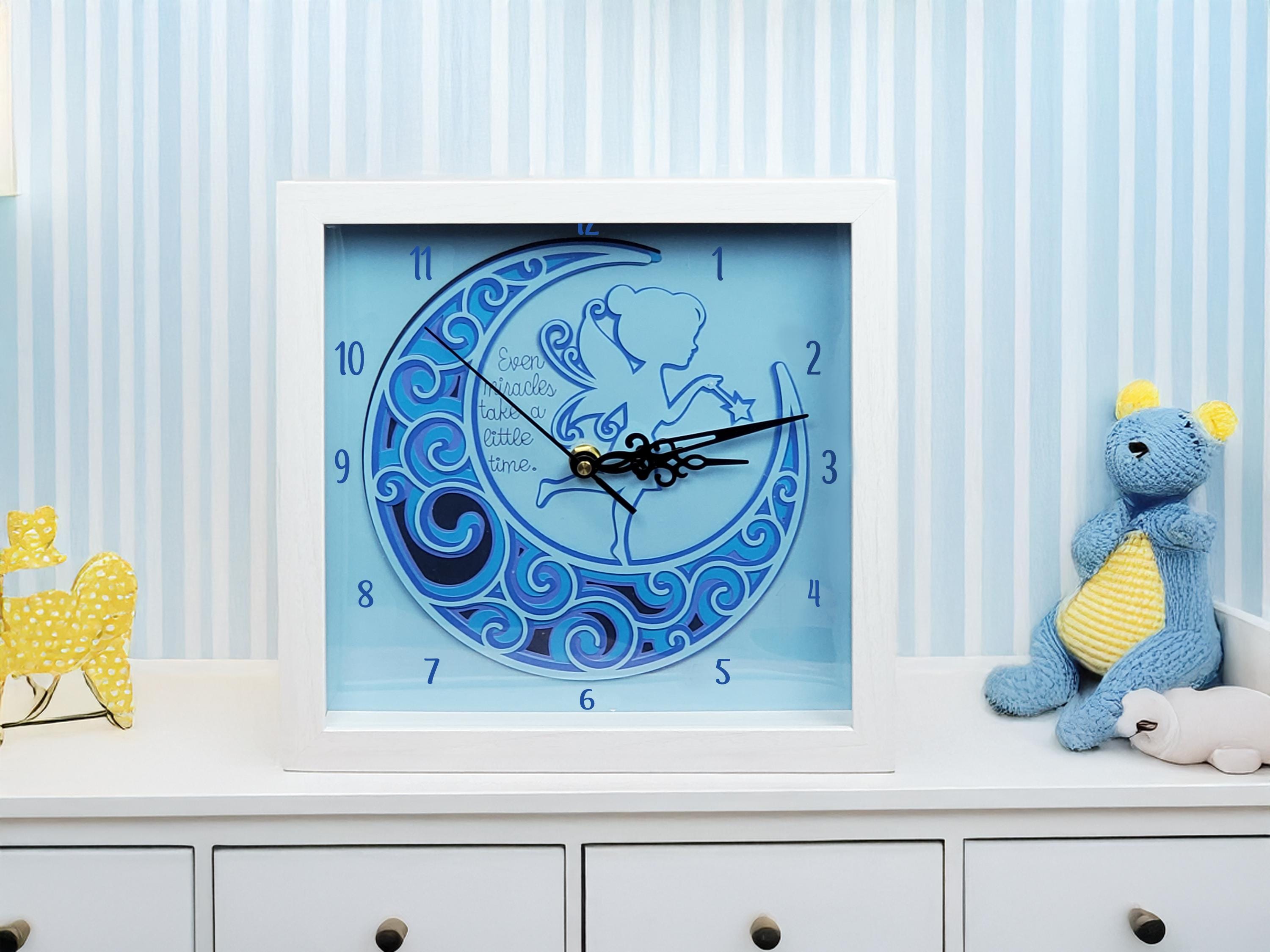 Nursery Clock - Fairy on the Moon-Heart in Hand-Shades of Blue-Baby-Infant-Home Decor-Wall Decor-Wall Clock-Nursery Decor-Fairy Decor