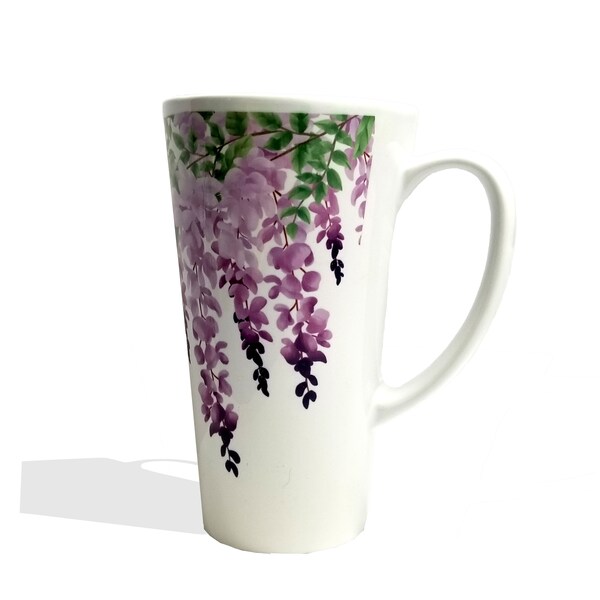 Floral Latte Coffee Mug 17oz Violet Hanging Flowers White Ceramic Wrap Around Purple Green Leaves