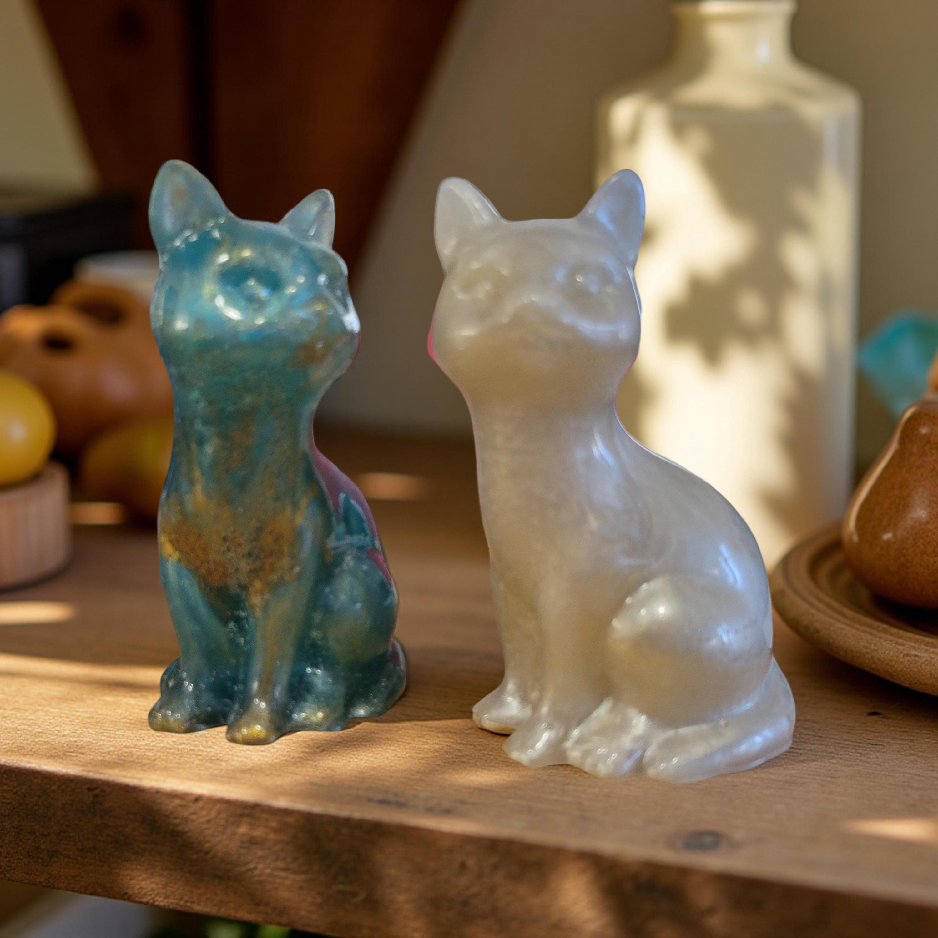 Graceful Sitting Cat Figurine-Cat Statue-Resin Sitting Cat-White Sitting Cat-Teal Gold Resin Cat Statuette-Resin Ivory White Cat Figurine