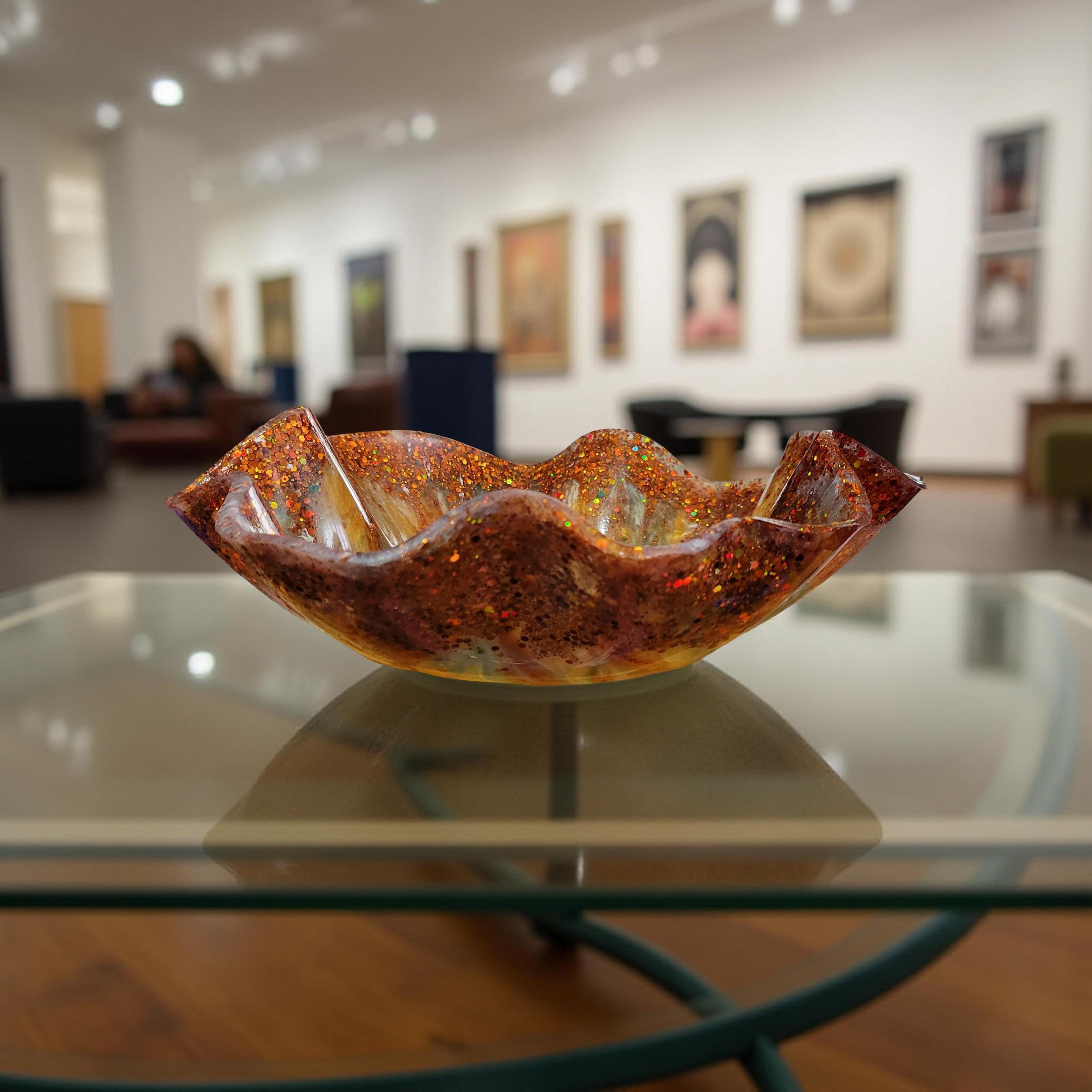 Floral Patterned Resin Bowl-11 inch-Enchanting Resin Accent Dish-Decorative Centerpiece-Green/Orange with Copper Glitter Accent-Flower Tray - Thumbnail 4